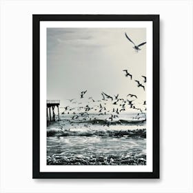 Seagulls Flying Over Pier Art Print