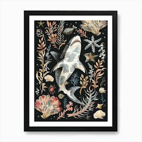 Angel Shark Seascape Black Background Illustration 1 Art Print