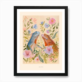 Folksy Floral Animal Drawing Iguana 2 Poster Art Print