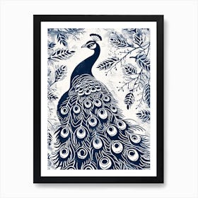 Navy Blue & White Peacock Linocut Inspired Portrait 2 Art Print
