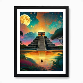 Chichen Itza - Mayan Aztec Pyramid Mexican Temple - Moon Sun Eclipse Fantasy Fractals Psychedelic Chichén Itzá Cityscapes Wall Art Meditation Yoga Room Decor Mandala Art Print