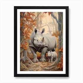 Rhino & Baby Rhino With Orange Leaves Art Print