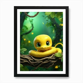 3d Animation Featuring A Yellow Baby Snake Showcasing A Mix Of Surprise And Charm With Vibrant Gre Art Print