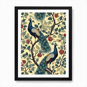 Two Peacocks Floral Wallpaper 4 Art Print