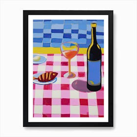 Painting Of A Table With Food And Wine, French Riviera View, Checkered Cloth, Matisse Style 8 Art Print