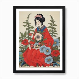 Hanaichige Japanese Anemone Vintage Japanese Botanical And Geisha Art Print