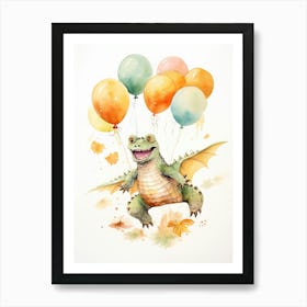 Crocodile Flying With Autumn Fall Pumpkins And Balloons Watercolour Nursery 1 Art Print