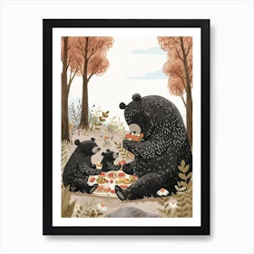 American Black Bear Family Picnicking In The Woods Storybook Illustration 2 Art Print