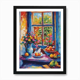 Matisse Inspired Window With Cat Looking at Fruit Bowl Floral Abstract Impressionism Aesthetic Art for Feature Wall - Vibrant Colorful High Resolution Art Print