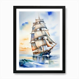 Sailing ship on the sea, watercolor painting 9 Art Print