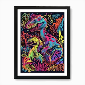 Two Neon Dinosaur Line Illustration Art Print
