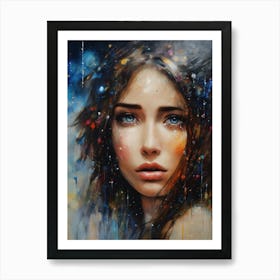 finding cosmic purpose of life, sad beautiful face brunette lot of tears, abstract realism Art Print