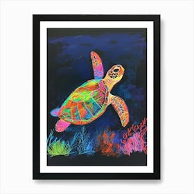 Neon Sea Turtle In The Sea At Night 4 Art Print