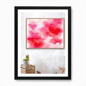 Abstract Acrylic Illustration Of Voluminous Clouds Symbolizing Love With Splashes Of Bright Red Re (1) Art Print