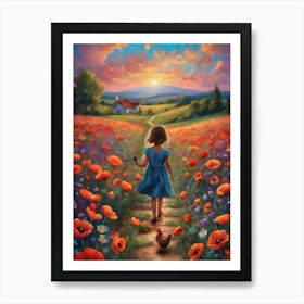 The Poppy Fields ~ Little Girl and Her Chicken Stroll Home at Sunset Art Print