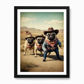Three Pugs In Cowboy Hats 1 Art Print