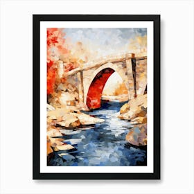 Old Stone Bridge in Autumn I, Abstract Vibrant Colorful Painting in Van Gogh Style Art Print