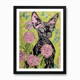 Cute Cornish Rex Cat With Flowers Illustration 4 Art Print