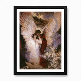 The Otherside 1918 by Dean Corwell, The Kiss With an Angel, Valentines Romance "The Other Side" (1918) is a poignant illustration by American artist Dean Cornwell (1892–1960), renowned for his mastery in narrative art. This piece was created for the October 1918 issue of Redbook magazine, accompanying a story by F. Britten Austin. The artwork features a beautiful woman in a loving embrace with an angelic figure. Considered one of the best in Romantic art, along with many others of the same era and genre of "The Kiss". The angelic symbolism and ethereal qualities are enhanced by the woman's delicate features and the soft, glowing light that envelops her evokes a sense of spiritual transcendence, blending the themes of love, loss, and the hope of eternal connection. This painting reflects the early 20th-century fascination with spiritualism and the belief in an existence beyond death. "The Other Side" original oil painting is housed at the National Museum of American Illustration in Newport, Rhode Island. Art Print