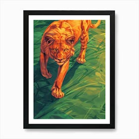 Lion Walking In The Grass Art Print