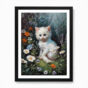 White Kitten In Field Of Daisies Rococo Inspired 2 Art Print