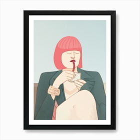 Woman Drinking Coffee Pink Hair Art Print