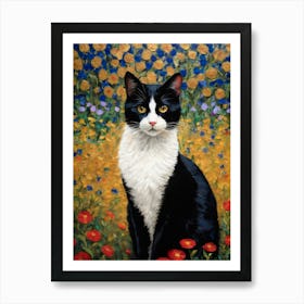 Klimt Style Tuxedo Black and White Cat in Garden Flowers With Gold Leaf Painting - Poppies, Royal Blue Funny Monet Waterlillies For Gallery Feature Wall HD High Resolution Art Print