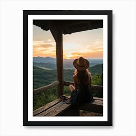 Woman Exuding A Sense Of Freedom While Sitting On A Wooden Porch Overlooking A Vast Hill And Sky Th (5) Art Print