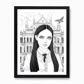 Nevermore Academy With Wednesday Addams Line Art 02 Fan Art Art Print