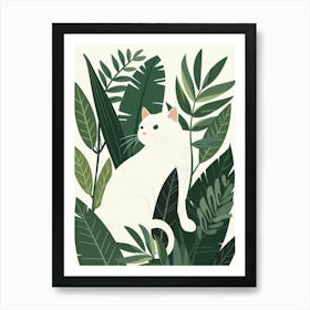 White Cat In Green Leaves Art Print