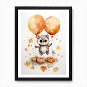 Owl Flying With Autumn Fall Pumpkins And Balloons Watercolour Nursery 2 Art Print