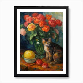 Flower Vase Ranunculus With A Cat 3 Impressionism, Cezanne Style Art Print