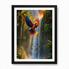 Parrot Flying Over Waterfall Art Print