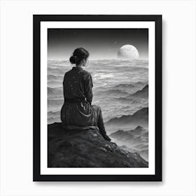 Woman Looking At The Moon Art Print