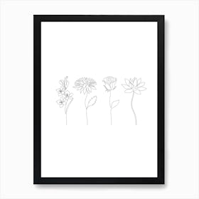 Four Flowers, Botanical, Line Art, Wall Print Art Print