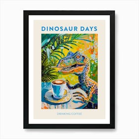 Drinking Coffee Orange Blue Dinosaur Poster Art Print