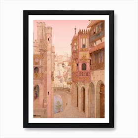 Valencia Spain 1 Vintage Pink Travel Illustration Art Print