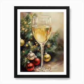 White Wine And Christmas Ornaments Art Print