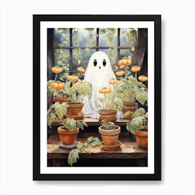 Cute Bedsheet Ghost, Botanical Halloween Watercolour 104 Art Print