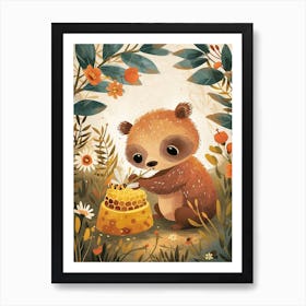 Sloth Bear Cub Playing With A Beehive Storybook Illustration 2 Art Print