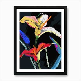 Neon Flowers On Black Calla Lily 1 Art Print