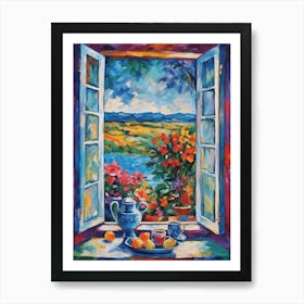 Matisse Inspired Open Window by the Sea in the Countryside with Fruit Flowers Vibrant Rainbow of Colors Depicting Happiness Sunset Blue Sky Beauty Abstract HD Impressionism Mid Century High Resolution Art Print