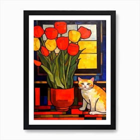 Ranunculus With A Cat 2 De Stijl Style Mondrian Art Print