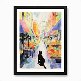 Food Market With Cats In Brooklyn 1 Watercolour Art Print