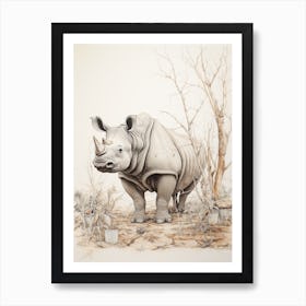 Rhino By The Trees Vintage Illustration 1 Art Print