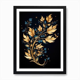 Golden Leaves On Black Background 2 Art Print