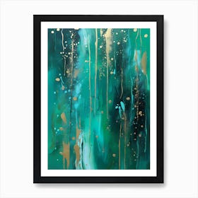 Raining Green Gold Abstract Psychedelic Fluid Art Print