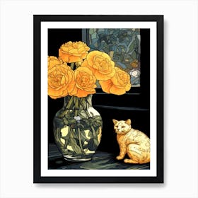 Drawing Of A Still Life Of Ranunculus With A Cat 1 Art Print