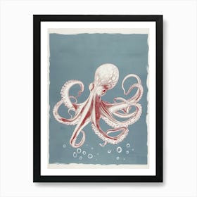 Chalk Blue Octopus Inspired Linocut 1 Art Print