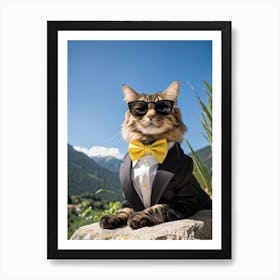 Cat Outfitted In Sharp Business Attire With A Fashionable Yellow Bow Tie Resting Sunglasses Atop It Art Print